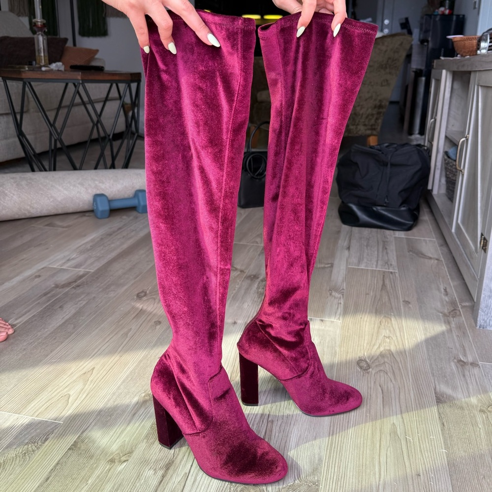 Steve Madden Over the Knee Velvet Boots - Burgundy - Picture 5 of 6
